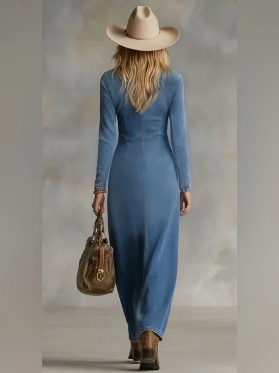 Oyrosy Denim V-Neck Long Sleeve Maxi Dress - Picture 2 of 3